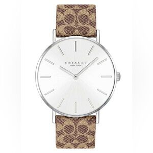Coach Perry Silver Tone Brown Leather Strap Womens Watch